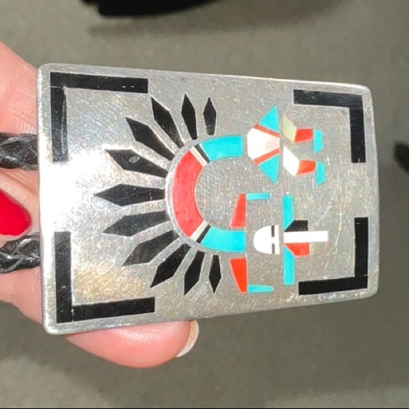 F.L. Natachu Sterling Silver and Inlay Stones Rainbow Man Bolo Tie Vintage Zuni - Picture 4 of 16